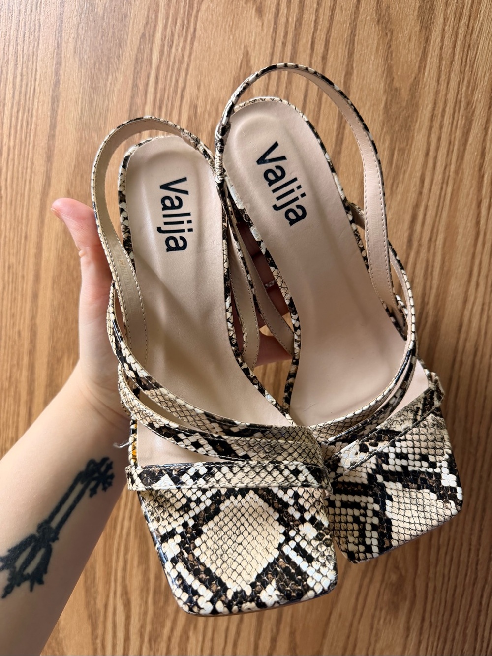 Valia Snake-Print Slingback Heels in Beige and Black
